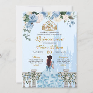 Invitación Rosa azul y princesa de oro Quinceañera