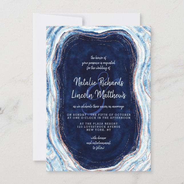 Invitación Rosa azul zafiro Geode oro Agate Boda de mármol (Anverso)