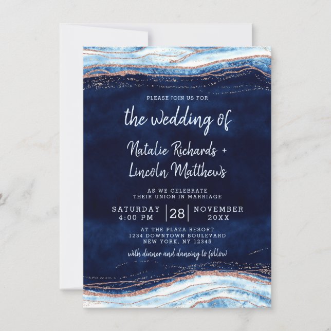 Invitación Rosa azul zafiro Geode oro Agate Boda de mármol (Anverso)