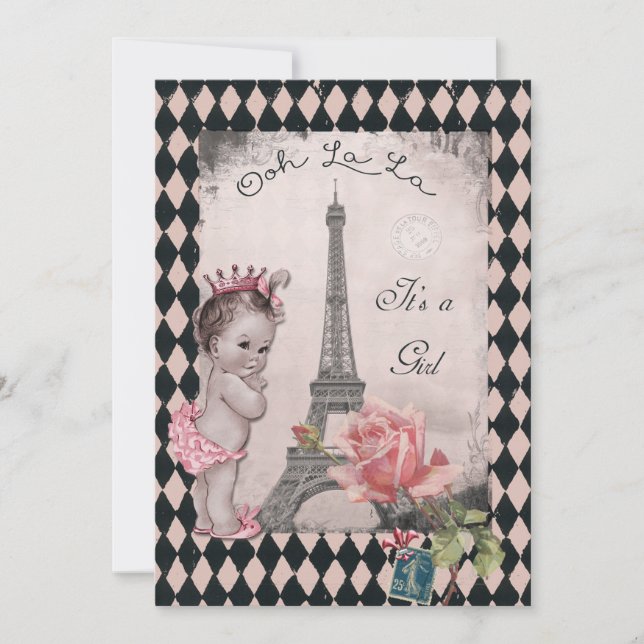 Invitación Rosa Baby Shower de la torre Eiffel (Anverso)