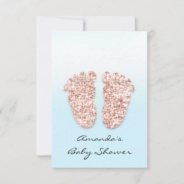 Invitación Rosa Baby Shower Feet Rubor Blue Purpurina (Reverso)