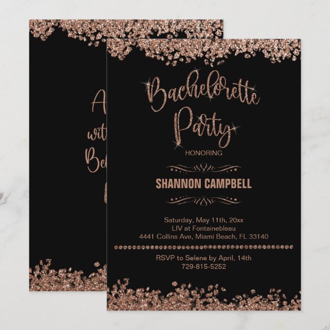 Invitación Rosa Bachelorette, Purpurina De Oro, Fiesta Con Bl (Anverso / Reverso)