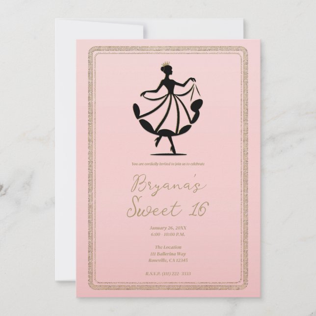 Invitación Rosa Bailando Princesa de la Fiesta con Oro Negro (Anverso)