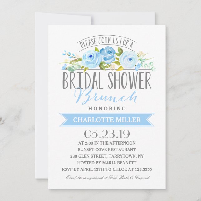 Invitación Rosa Banner Brunch Bridal Shower Blue (Anverso)