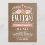 Invitación Rosa Banner Burlap | Bautismo español<br><div class="desc">Hermosa invitación rústica de bautismo para una niña con rosas de acuarela pintadas a mano,  tipografía moderna y un falso fondo burlap.</div>