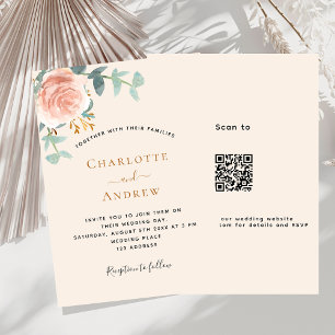 Invitación Rosa beige floral de oro código QR boda RSVP