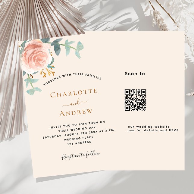 Invitación Rosa beige floral de oro código QR boda RSVP (Subido por el creador)