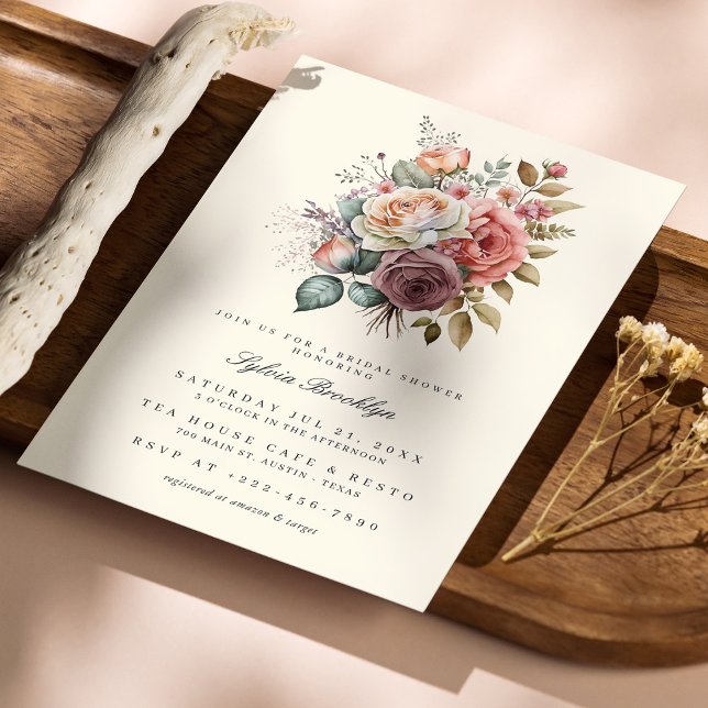 Invitación Rosa beige rústico elegante acuarela ducha de novi (Personalized Delicate Rose Watercolor Bridal Shower Invitation)