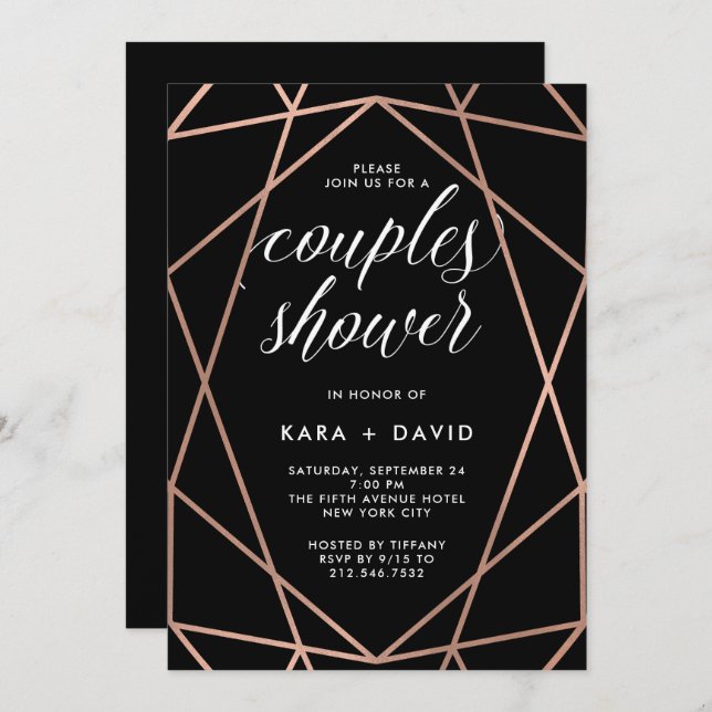 Invitación Rosa Black Geometric Faux Gold Couples Shower (Anverso / Reverso)