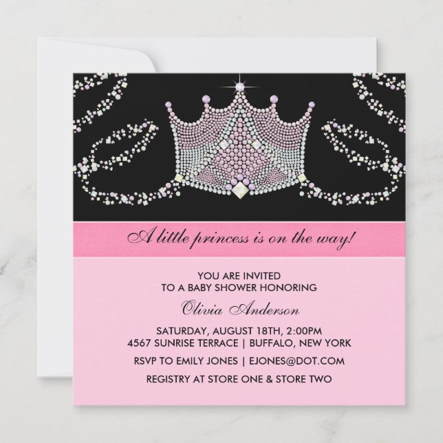 Invitación Rosa Black Tiara Baby Girl Princess Baby Shower (Anverso)