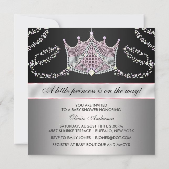 Invitación Rosa Black Tiara Baby Girl Princess Baby Shower (Anverso)