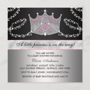 Invitación Rosa Black Tiara Baby Girl Princess Baby Shower