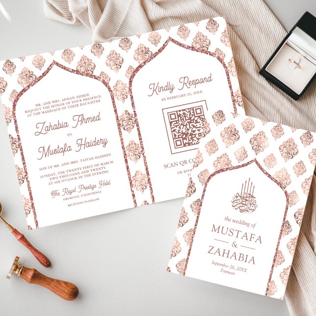 Invitación Rosa Blanca Arco de Damasco Dorado Código QR Boda  (Subido por el creador)
