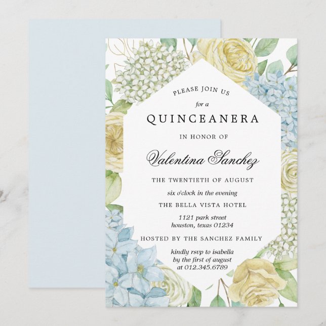 Invitación Rosa Blanca Azul Hydrangea Quinceanera (Anverso / Reverso)