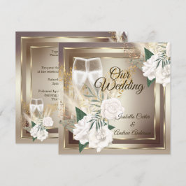 Invitación Rosa Blanca Bodas Champán Oro Bronce