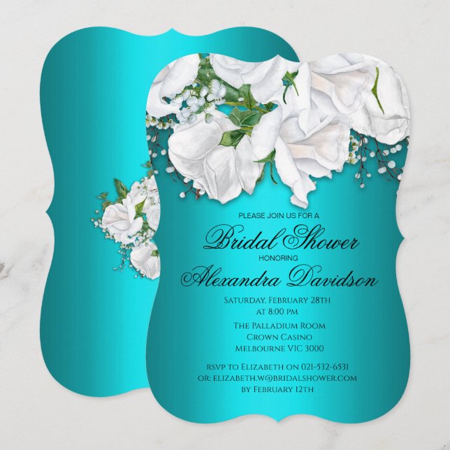 Invitación Rosa Blanca Bridal Bouquet Aqua Bridal Shower (Anverso / Reverso)