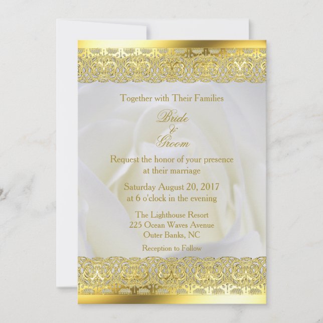 Invitación Rosa blanca con Boda de encaje dorado (Anverso)