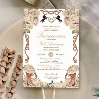 Invitación Rosa Blanca Crema Charro Occidental Quinceañera