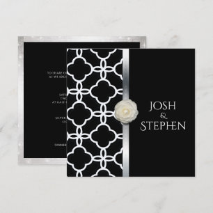 Invitación Rosa Blanca de Cuatrefoil Blanco y Negro boda