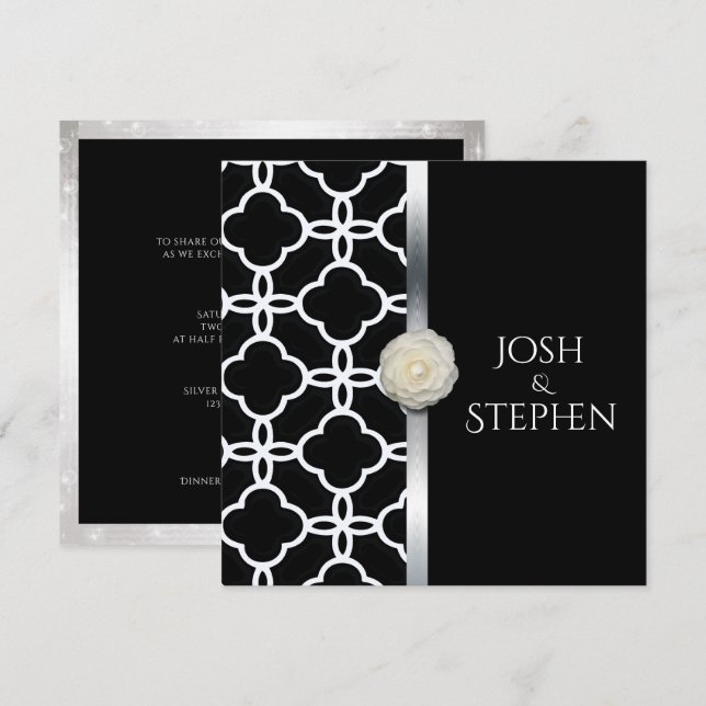 Invitación Rosa Blanca de Cuatrefoil Blanco y Negro boda (Anverso / Reverso)