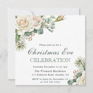 Invitación Rosa Blanca de Navidad en Nochebuena en Acuarela