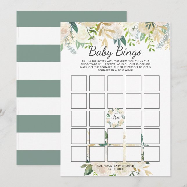 Invitación Rosa blanca | Juego de bingo de Baby Shower (Anverso / Reverso)