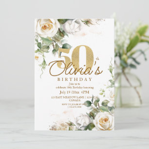 Invitación Rosa Blanca Oro Elegante Floral 50 Cumpleaños