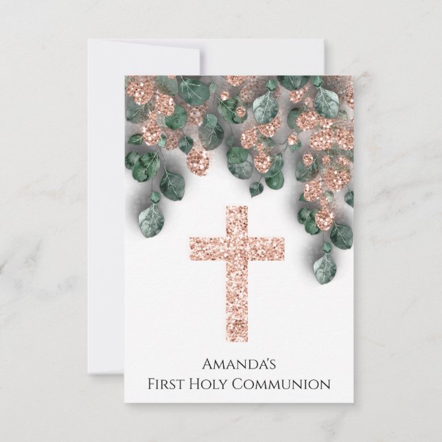 Invitación Rosa Blanca Primero Santa Comunión Cruz Cristiana (Reverso)