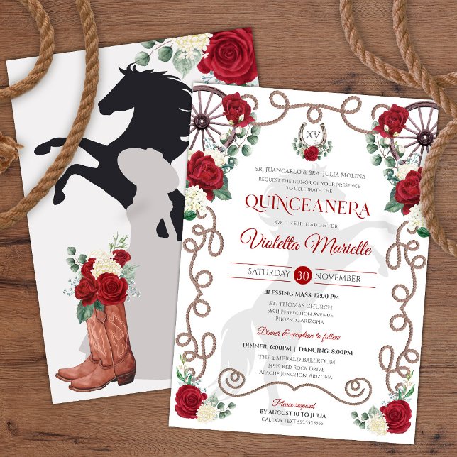 Invitación Rosa Blanca Rojo Elegante Charra Occidental Quince (Subido por el creador)