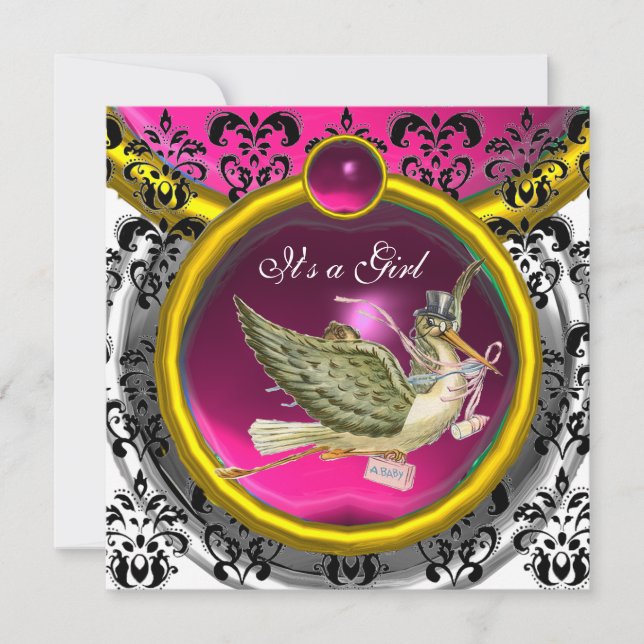INVITACIÓN ROSA BLANCA ROSA DORADA DAMASK STORK BABY SHOWER M (Anverso)