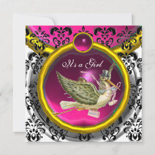 INVITACIÓN ROSA BLANCA ROSA DORADA DAMASK STORK BABY SHOWER M