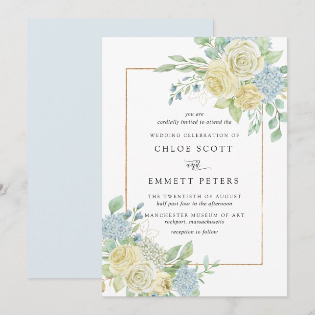 Invitación Rosa Blanca Rústica Azul Hidrangea Boda Floral (Anverso / Reverso)