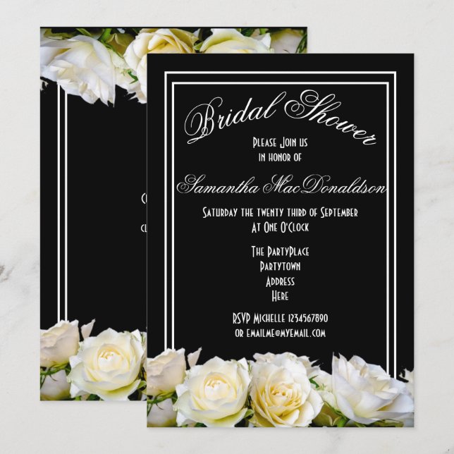 Invitación Rosa blanca sobre ducha de novia floral negra