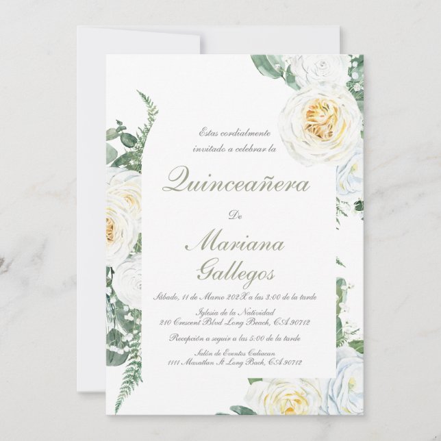 Invitación Rosa blanca verde Quinceanera (Anverso)