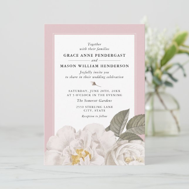 Invitación Rosa Blanca Vintage Boda rosa bucodental bucal (Anverso de pie)