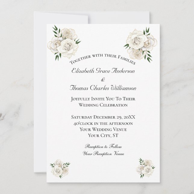 Invitación Rosa blanca y Boda formal elegante de oro (Anverso)
