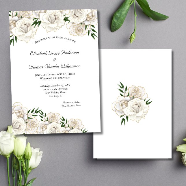 Invitación Rosa blanca y Boda formal elegante de oro (White Roses Gold Trim Elegant Wedding Invitation. Printed or Instant Digital Download)