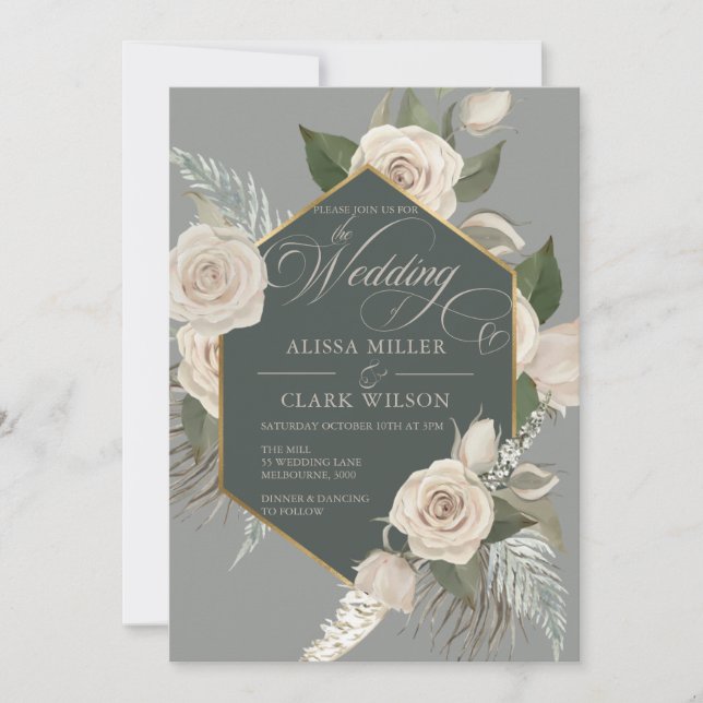Invitación Rosa Blanca Y Boda Verde De La Selva Dorada (Anverso)