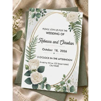 Invitación Rosa Blanca y Eucalipto Geométrico Dorado Boda