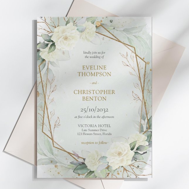 Invitación Rosa blanca y singulares y boda de eucalipto (Elegant White Roses Floral Garden greenery and gold wedding invitation digital )