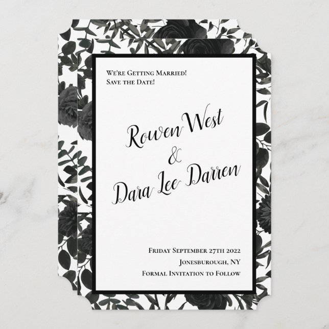 Invitación Rosa blanco negro Boda gótico (Anverso / Reverso)