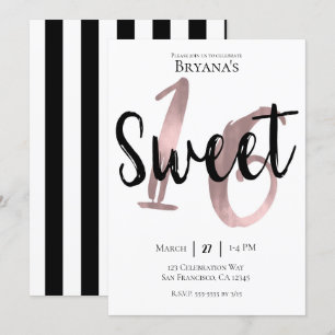 Invitación Rosa blanco negro dorado dulce rosa 16 fiesta de c