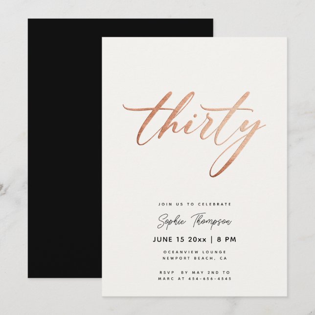 Invitación Rosa Blanco Negro Oro Elegante 30 cumpleaños (Anverso / Reverso)