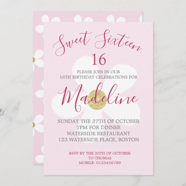 Invitación Rosa Blanco Simple Daisy Dulce Dieciséis Modas (Anverso / Reverso)