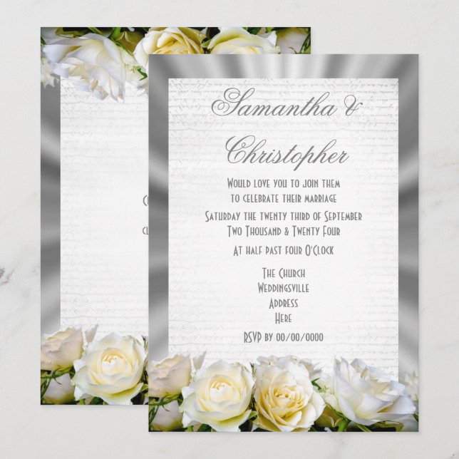 Invitación rosa blanco sobre boda gris plateado (Anverso / Reverso)