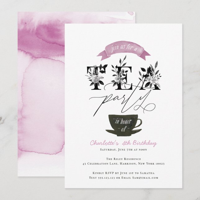 Invitación Rosa blanco y negro moderno de la fiesta del té de (Anverso / Reverso)