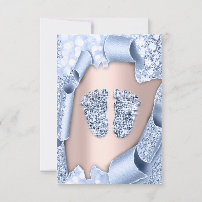 Invitación Rosa Blue Baby Shower Feet Boy Purpurina (Reverso)