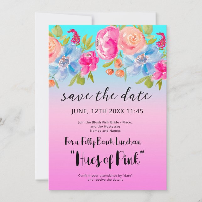 Invitación rosa Blue Beach Gradient Bridal Save the Date (Anverso)