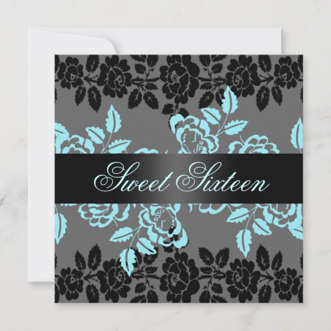 Invitación Rosa Blue/Black & Grey Sweet 16 Birthday Invite (Anverso)