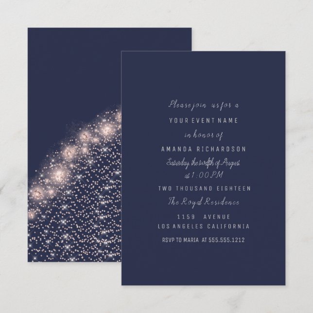 Invitación Rosa Blue Navy Spark Bridal Shower Cumpleaños 16 (Anverso / Reverso)